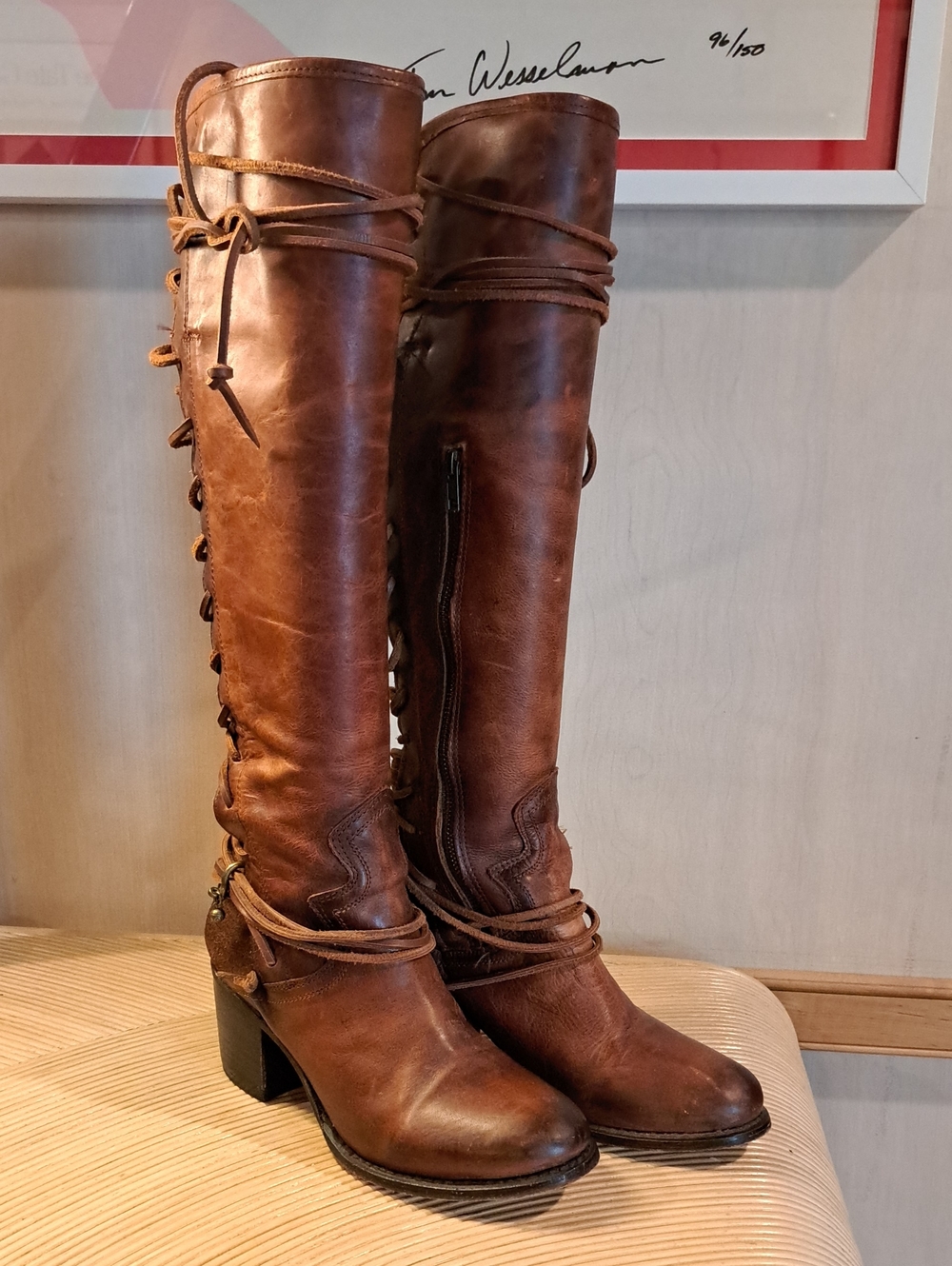 Freebird by Steven Cognac Coal Knee-High Laced Heeled Boots 10